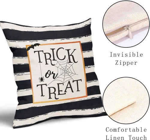 Miniatura 2 de Kawani Juego de 2 fundas de almohada de Halloween con diseño de truco o trato de 16 x 16 pulgadas, diseño de rayas blancas y negras, fundas