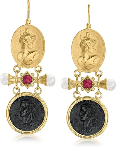 Ross-Simons Aretes colgantes de ónix negro tagliamonte italiano y rubí de 0.60 qt. t.w con perlas cultivadas en oro de 18 quilates sobre plata
