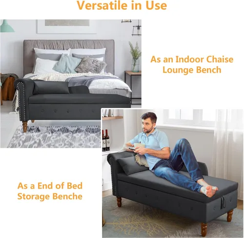 Miniatura 5 de Aoowow Banco de almacenamiento de terciopelo para dormitorio, extremo de la cama, sofá con brazo enrollado, tumbona para interiores con Negro 58