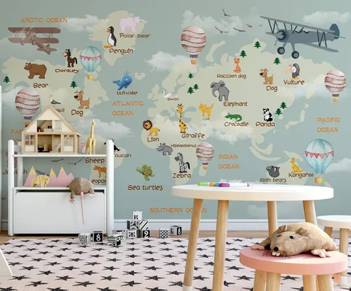 Miniatura 3 de Murwall Nursery Wallpaper For Kids World Map Wall Mural Cartoon Animals and Hot Air Balloon Wall Print Children Rooms Boys Girls Bedroom Play Room