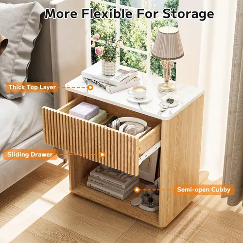 Miniatura 6 de Juego de 2 mesitas de noche acanaladas modernas para dormitorio, juego de mesita de noche de mediados de siglo con parte superior y cajón de mármol