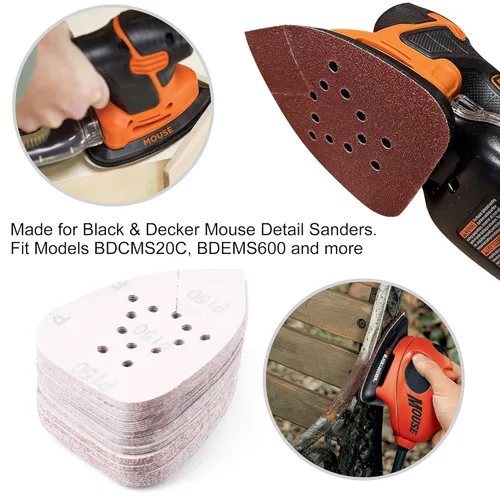 Miniatura 4 de LotFancy Almohadillas de lija para lijadoras de ratón Black and Decker, 50 unidades de papel de lija de grano 60, 80, 120, 150, 220, surtido