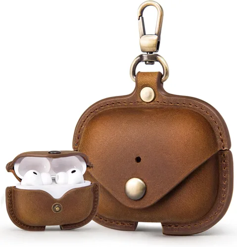Funda de carga para Apple Airpods Pro 3 (2025). Hecha a mano totalmente hecha a mano, de piel de vaca de caballo loco vintage, funda protectora Café