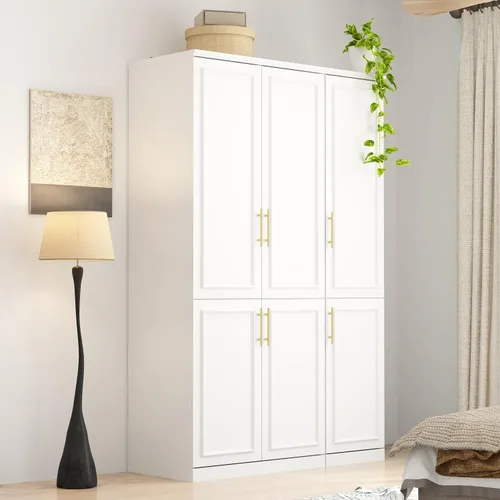Miniatura 11 de WOODTIME Armario con barra para colgar, 3 cajones enmarcados y 2 puertas de cristal, armario de madera moderno, organizador de armario
