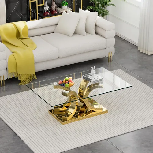 Miniatura 114 de Mesa de centro de cristal de lujo, mesa de centro de sofá de 47 pulgadas con marco de acero inoxidable dorado y parte superior de vidrio negro, mesa