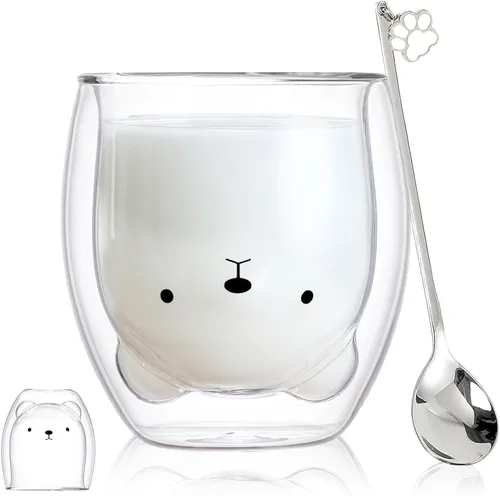 Binoster Tazas Lindas de Oso Kawaii de Vidrio de Doble Pared para Café y Té, Taza de Yogur Divertida, Regalo Novedoso para Mujeres, Sus Amigas,