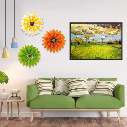 Miniatura 3 de Hotop 3 piezas de arte de pared de metal con diseño de margaritas de metal 3D, flores colgantes de múltiples capas, decoración rústica