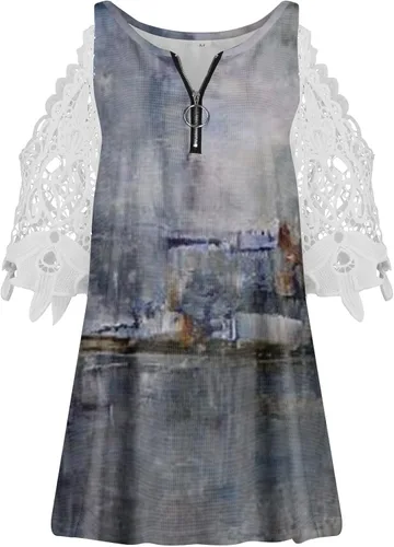 Womens Breathable Oil Painting Blouses Zipper V Neck Tops Cute Flowy 2023 Summer Lace Short Sleeve T Shirt