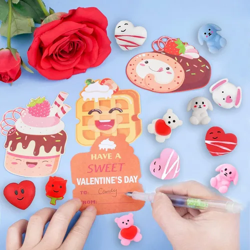 Miniatura 4 de JIALWEN Paquete de 32 juguetes esponjosos Mochi para niños, juguetes para ansiedad esponjosos, regalos de San Valentín, tarjetas de felicitación