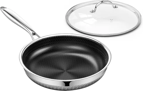 Sartén antiadherente con tapa de 10 pulgadas, sartén antiadherente de acero inoxidable híbrido de tres capas con tapa de cerámica de titanio