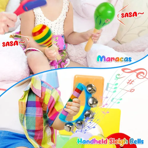 Miniatura 3 de Instrumentos musicales para niños, 12 piezas de juguetes musicales de madera para niños pequeños de 2 a 4 años con xilófono, maracas y pandereta