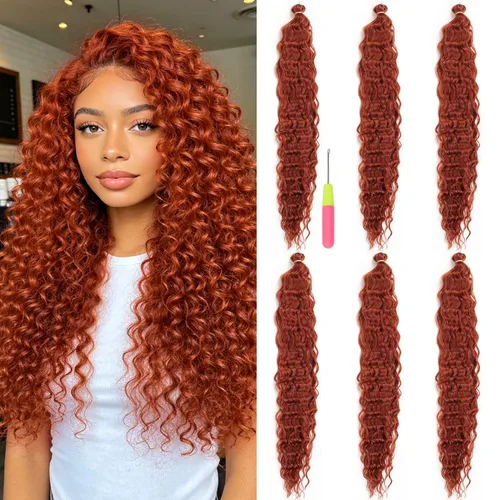 Miniatura 36 de Extensiones de cabello ondulado con ganchillo Ocean Wave de 18 pulgadas, 6 paquetes, extensiones de cabello de ganchillo sueltas de onda profunda #1B