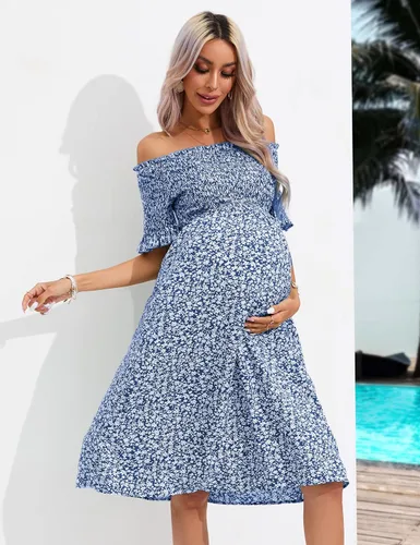Miniatura 5 de KOJOOIN Women's Maternity Short Sleeve Summer Midi Dress Off Shoulder Smocked Spring Casual Boho Dress Baby Shower Photoshoot