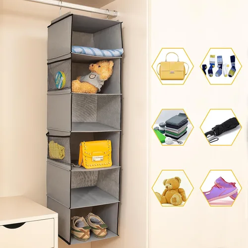 Miniatura 4 de BrilliantJo Organizador colgante de armario con 6 estantes, 2 unidades de almacenamiento colgante con 4 bolsillos laterales para ropa y zapatos, 6