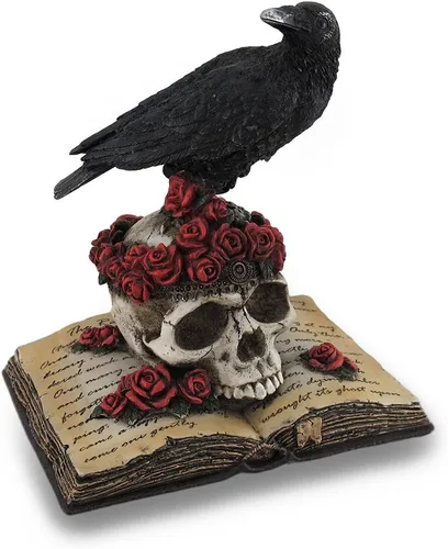 Zeckos Estatua de resina pintada a mano de cuervo místico sobre un cráneo cubierto de rosas, encaramado sobre el libro de poesía de 'The Raven', una