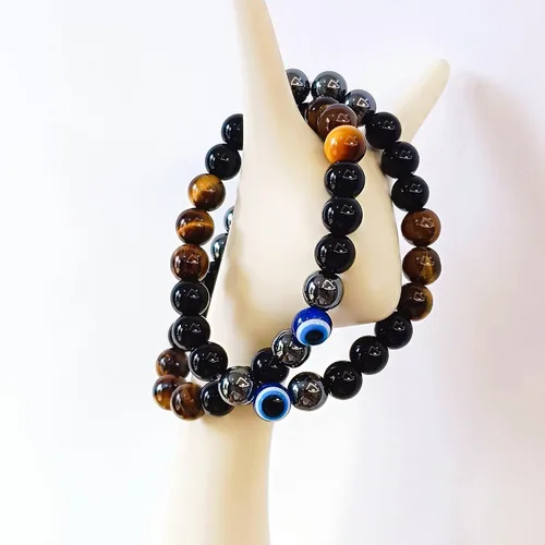 Miniatura 80 de Pulseras de triple protección con piedra de ojo de tigre de obsidiana negra con hematita para hombres y mujeres, pulsera de piedra curativa