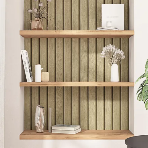 Miniatura 5 de Papel tapiz de listones de madera marrón claro, paneles de madera autoadhesivos, papel tapiz de rayas de grano de madera sintético, papel de 1