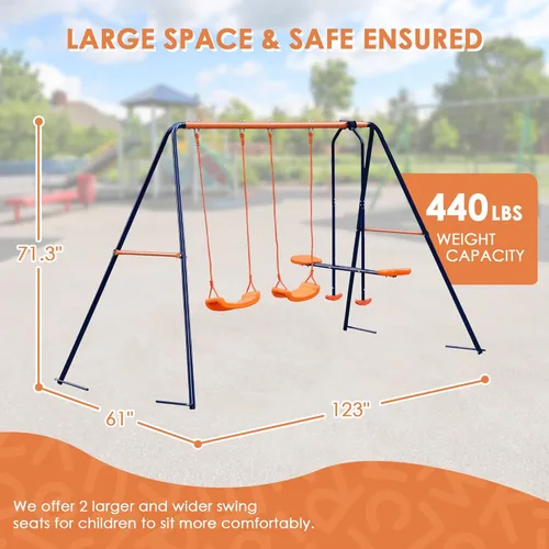 Miniatura 7 de SUPER DEAL Juego de columpios para exteriores para niños, 2 asientos y 1 planeador de 440 libras de metal resistente con marco en A para patio