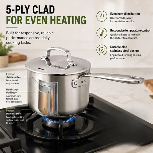 Miniatura 8 de Alva Maestro - Cacerola de acero inoxidable recubierta de 5 capas con tapa, olla pequeña de 1.5 cuartos de galón, compatible con inducción, apta