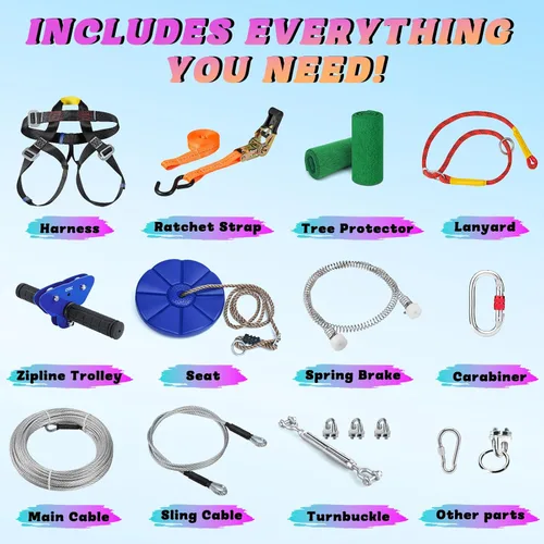 Miniatura 2 de CTSC Tirolesa para niños y adultos, kits de tirolesa para patio trasero con freno de resorte de acero inoxidable, kit de tensión de cables, arnés