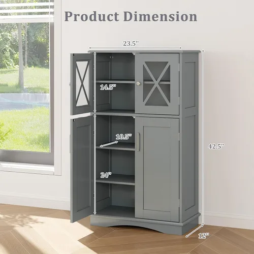 Miniatura 3 de Giantex Armario de almacenamiento de piso de baño, gabinete de piso de lino con puertas y estantes ajustables, organizador de almacenamiento lateral