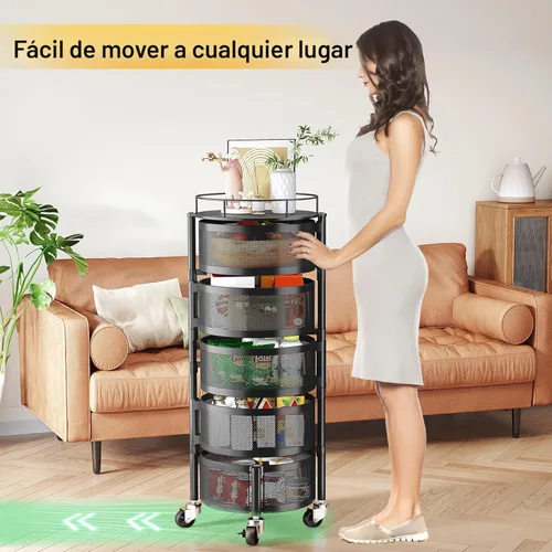 Miniatura 6 de SNTD Cesta de frutas y verduras para cocina con tapa superior de metal, carrito de almacenamiento giratorio de 5 niveles para papa, cebolla, pan