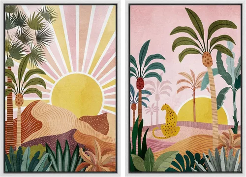 Miniatura 70 de IDEA4WALL - Set de lienzos enmarcados para pared, diseño tropical, selva, hoja de plátano, guepardo rosa, gato, naturaleza, desierto, arte digital