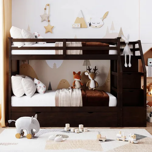 Miniatura 11 de Harper & Bright Designs Literas de tamaño individual sobre matrimonial, litera con escaleras y nido, literas de madera con estante de almacenamiento