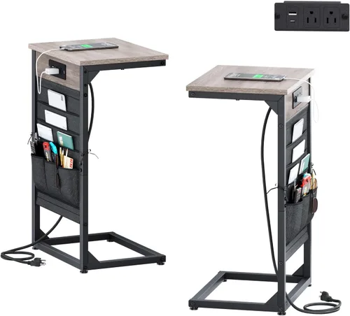 Miniatura 8 de Mesa auxiliar en forma de C con estación de carga rápida, mesa lateral pequeña para sofá con bolsa de almacenamiento, bandeja de TV para sofá