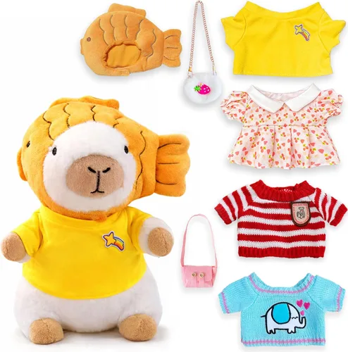 Miniatura 10 de Capybara - Juguete de peluche con 7 piezas de ropa y accesorios, lindo animal de peluche Capybara con trajes (marrón)