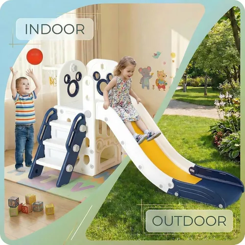 Miniatura 8 de Arlopu Juego de tobogán 6 en 1 para niños pequeños, tobogán resistente para niños con aro de baloncesto y telescopio, pasos antideslizantes, juego
