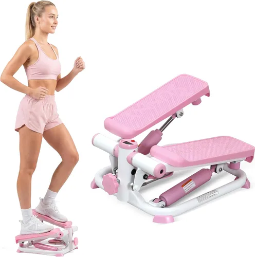 Sunny Health & Fitness Mini Steppers with Digital Monitor and Resistance Bands, Compact Low-Impact Cardio Machines for Home Workouts Rosa