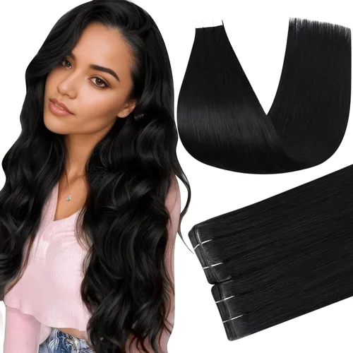 Full Shine - Extensiones de cabello humano Remy con cinta adhesiva intacta de color 1 negro azabache, extensiones de cabello adhesivas, invisibles,