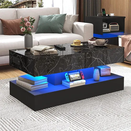 Miniatura 7 de chartustriable Mesa de Centro Grande de 39.4" con Tapa Elevable y Estación de Carga, Mesa Central LED Moderna de Alto Brillo con Compartimento