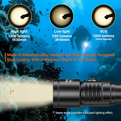 Miniatura 2 de ORCATORCH D530 Luz de Buceo, 1200 Lúmenes, Ángulo de Haz Estrecho de 7 Grados, Interruptor Lateral de Aleación de Titanio, 2 Modos de Iluminación