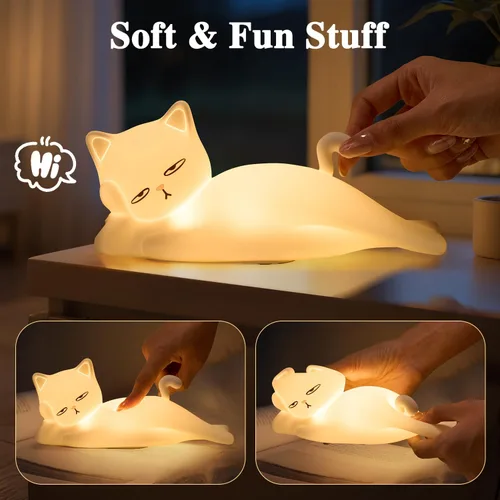Miniatura 13 de Lámpara plana de gato Mubarek, regalos de gato, lámpara de silicona linda de 16 colores+5 atenuación, lámpara de noche recargable con control