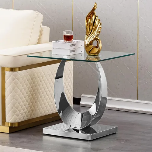 Miniatura 61 de SSLine Mesa auxiliar de cristal de lujo para sala de estar, mesa auxiliar moderna dorada con base de pedestal de acero inoxidable en forma de flor