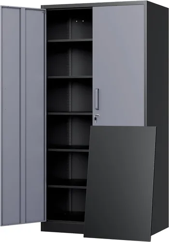 Miniatura 10 de Yizosh Armario de almacenamiento de metal para garaje con 2 puertas y 5 estantes ajustables, gabinete de archivo de acero con cerradura de 71