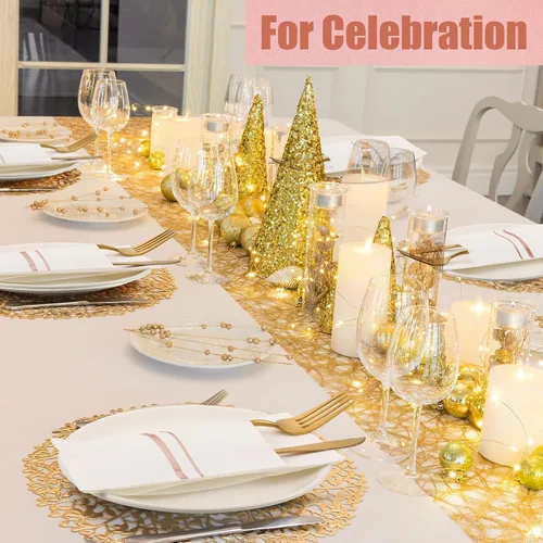 Miniatura 7 de Roshtia Paquete de 100 servilletas desechables de lino con bolsillo integrado para cubiertos con ribete dorado, papel preplegado para bodas