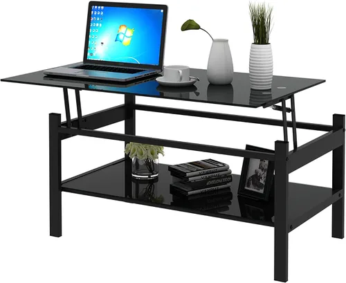 Miniatura 5 de Mesa de centro de cristal negro para sala de estar, mesa de cóctel Mordern de 2 capas con almacenamiento rectangular de vidrio templado, patas