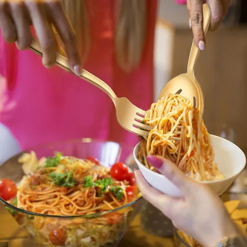 Miniatura 4 de LIANYU Juego de 6 cucharas y tenedores dorados de acero inoxidable de 8.6 pulgadas para banquetes de catering, aptos para lavavajillas