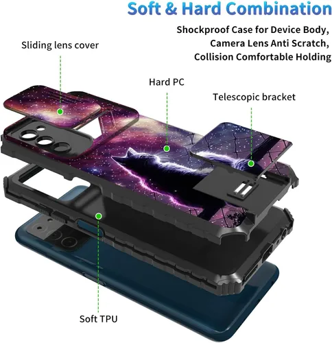 Miniatura 539 de Funda para Samsung Galaxy S22 Ultra 5G, Galaxy S22 Ultra con cubierta de cámara deslizante, funda resistente de doble capa con función atril Black