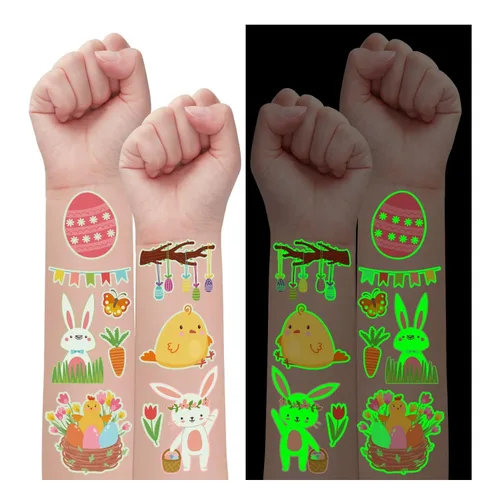 PARTYWIND Tatuajes temporales esenciales para canasta de Pascua brillantes para niños, 100 estilos de calcomanías de tatuaje falsas luminosas con