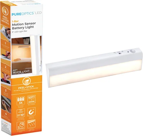 PureOptics LED Iluminación operada por batería debajo del gabinete, sensor de movimiento encendido/apagado, LED blanco cálido, instalación adhesiva
