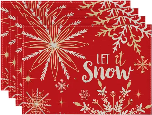 Miniatura 8 de Artoid Mode Juego de 4 manteles individuales de mesa con diseño de copo de nieve beige Let It Snow de invierno, 12 x 18 pulgadas, manteles de mesa