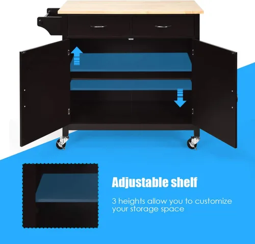 Miniatura 5 de Giantex Isla de cocina, carrito de cocina rodante, encimera de madera, carrito de servicio utilitario con armario de almacenamiento y 2 toalleros