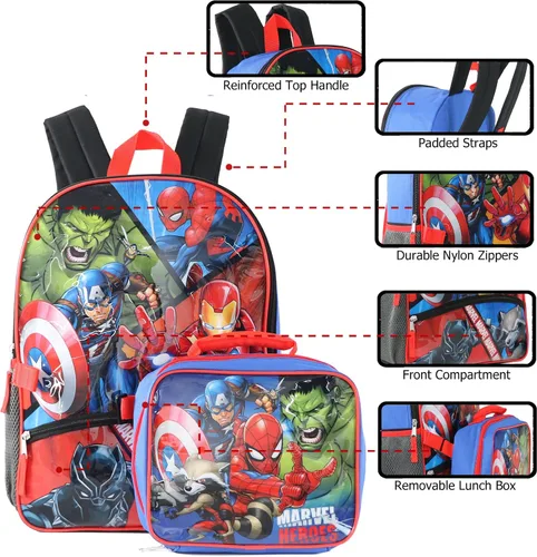 Miniatura 7 de Marvel Mochila Avengers con bolsa de almuerzo desmontable aislada (talla única, héroes)