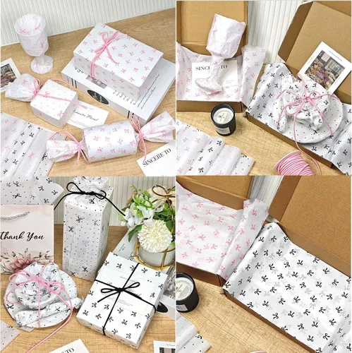 Miniatura 8 de LIAPAWPAW 60 hojas de papel de seda de lazo negro y rosa a granel para bolsas de regalo, manualidades, bonitos suministros de embalaje de arte