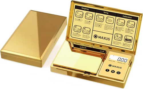 MAXUS Báscula digital de gramos con capacidad de 7.05 oz x 0.00 oz, elegante cubierta chapada en oro y plataforma para un pesaje preciso y preciso