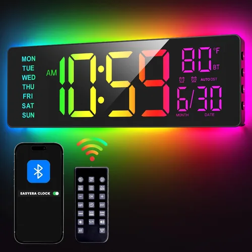 EASYERA Reloj de pared digital grande de 16.5 pulgadas con sincronización BT, luces RGB con control remoto de 11 escenas, reloj LED grande con